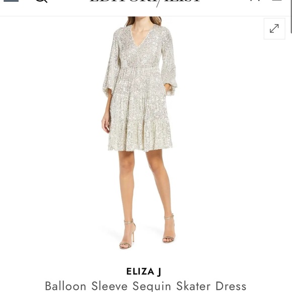 NWT Eliza J Silver Sequin Balloon Sleeve Skater Dress Size 8 New Years Party - Picture 2 of 15